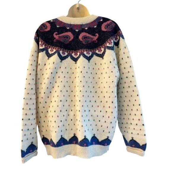 Vintage Woolrich Woman's Sz L Cream Blue Paisley Wool Blend Button Cardigan - Picture 3 of 11